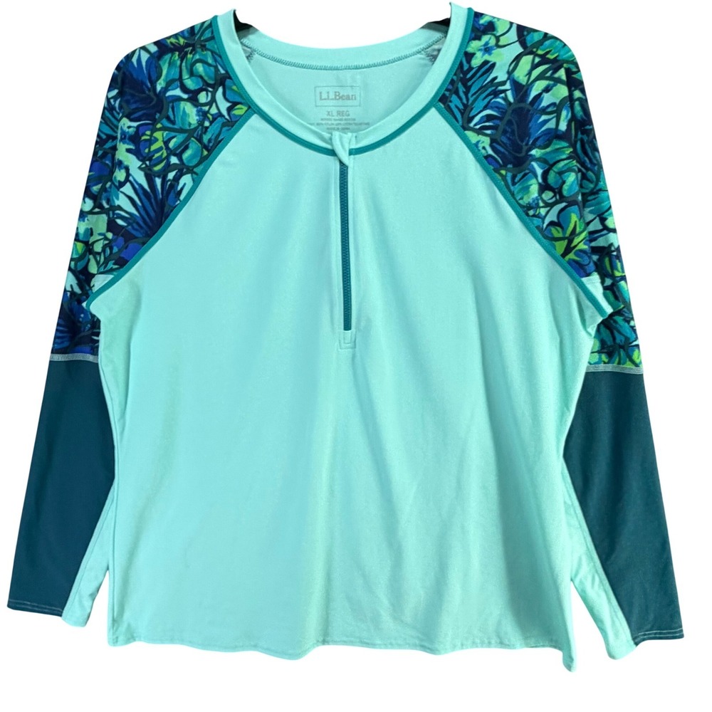 LL Bean 1/4 Zip Rash Guard XL Blue Green Floral Swim Shirt Tropical Beach UPF 50